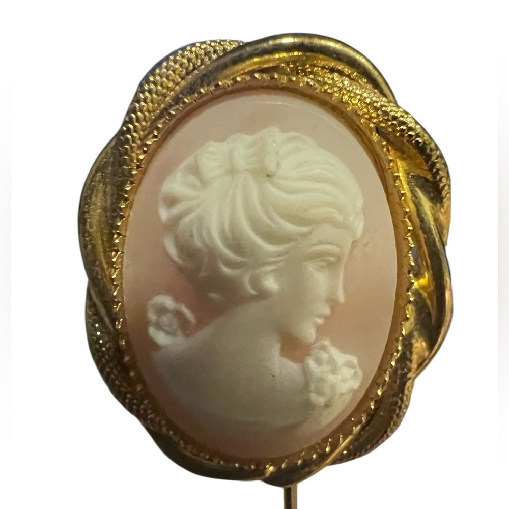 Vintage Carved Cameo Stick Pin Pink and white